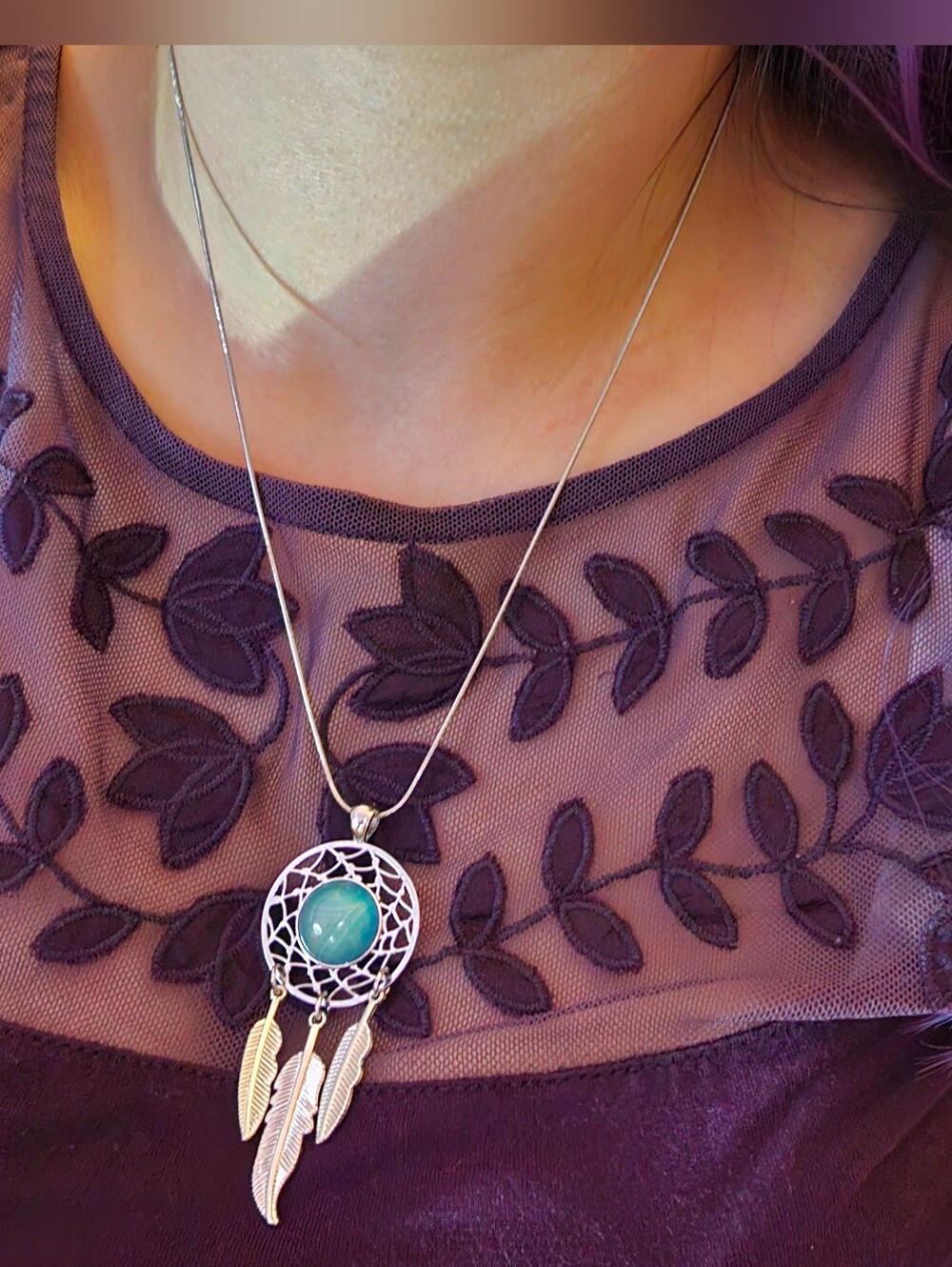 Silver Dreamcatcher Necklace with Blue Stone